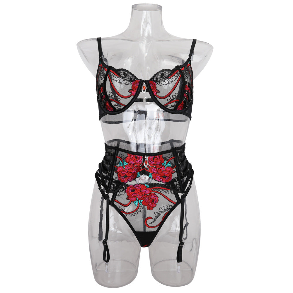 Ensemble de Lingerie en Dentelle avec Broderies Florales Roses